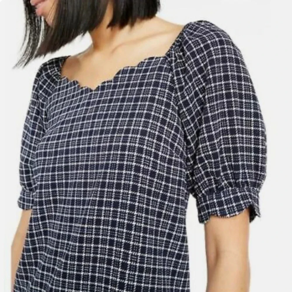 Puff Sleeve Check Plaid Scalloped Neckline Size XL Petite Checkered